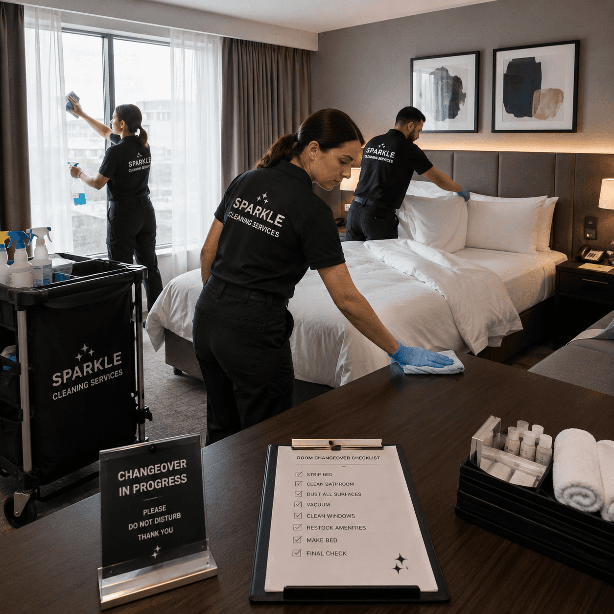 Professional cleaning team during a room changeover