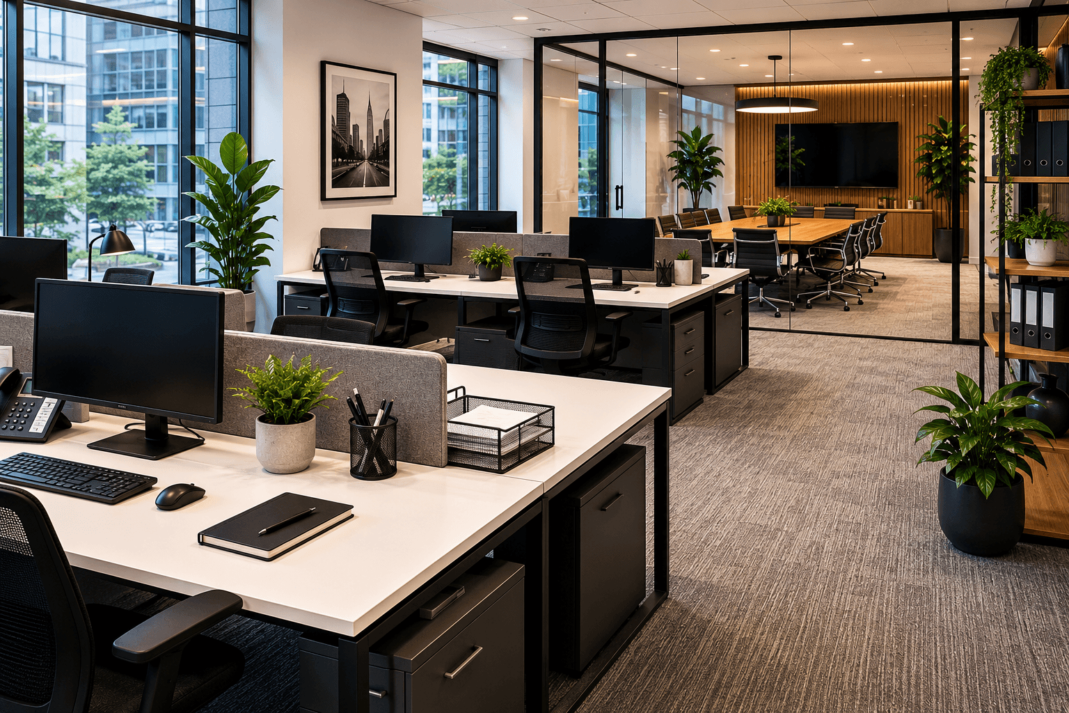 Modern open-plan corporate office with workstations and meeting room