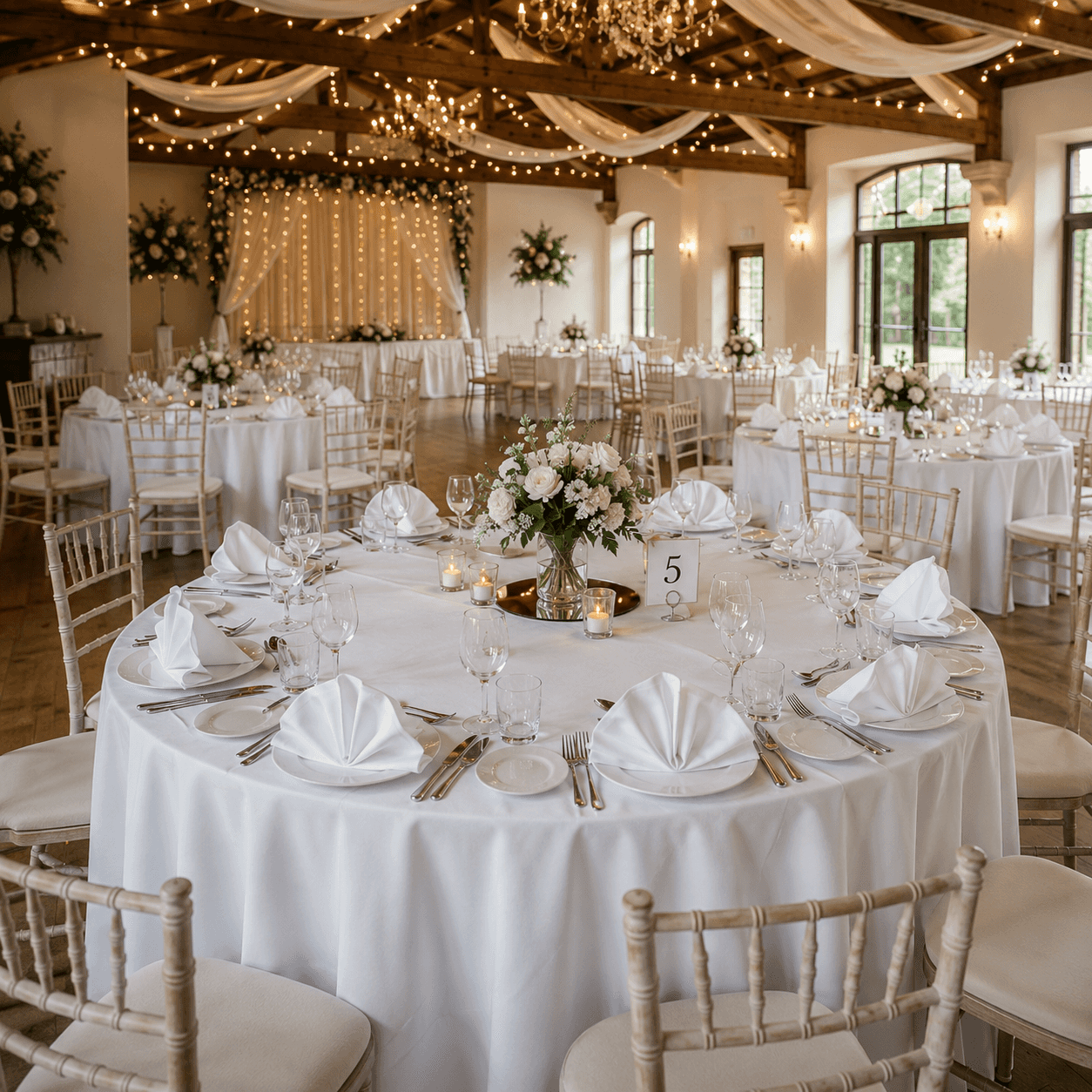 Wedding reception tables with white linens, napkins and floral centrepieces