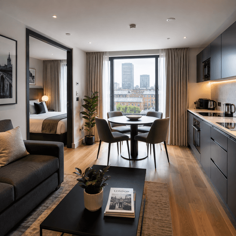 Modern serviced apartment with fresh bed linen and living space
