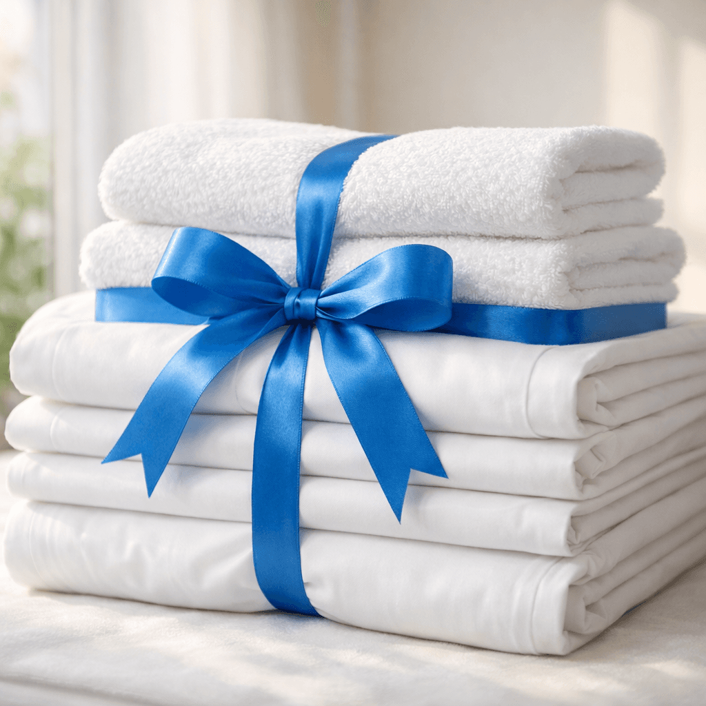 Freshly laundered white towels and linen folded with a blue ribbon