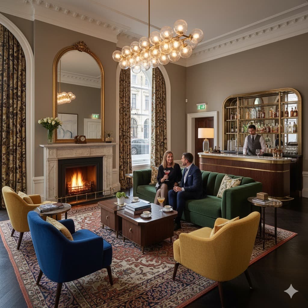 Luxury hotel room with crisp white bedding