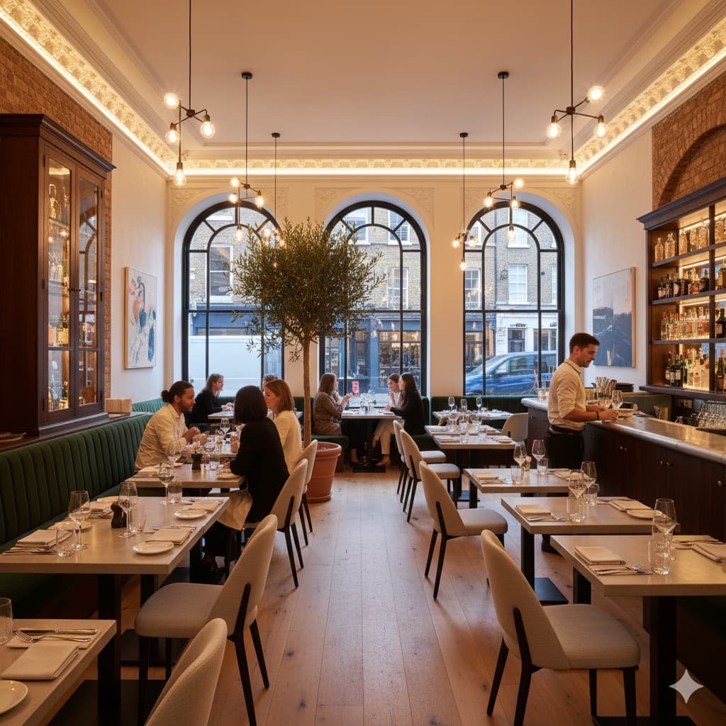 Fine dining restaurant table setting with white tablecloths