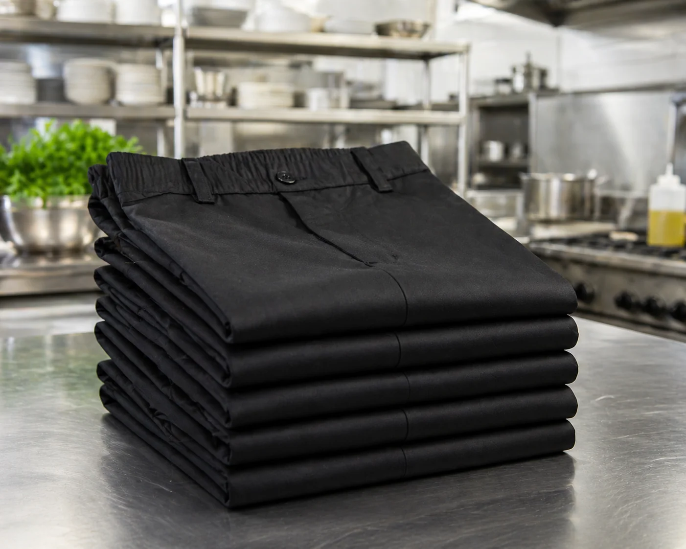 Stack of folded black chef trousers on a stainless steel kitchen surface