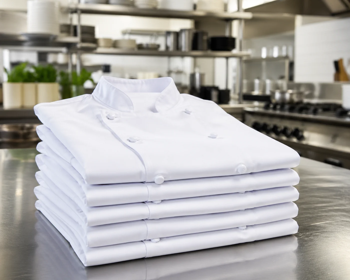 Stack of folded white chef jackets on a commercial kitchen counter