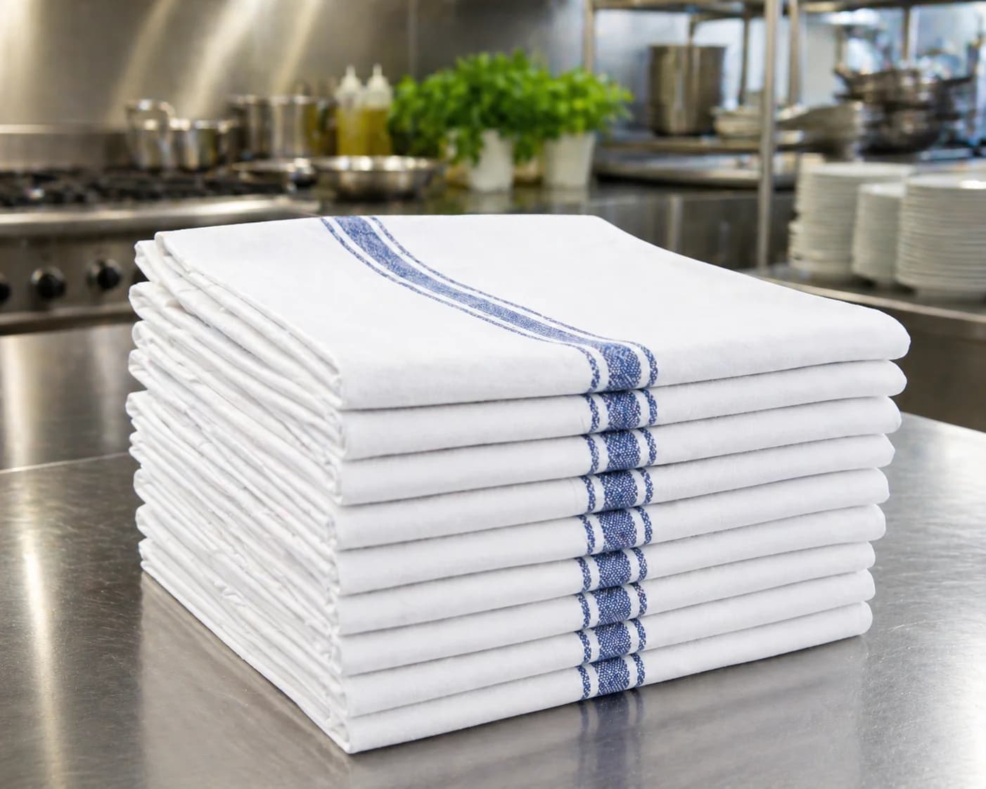 Neatly folded white polishing cloths and kitchen towels stacked on a stainless steel counter