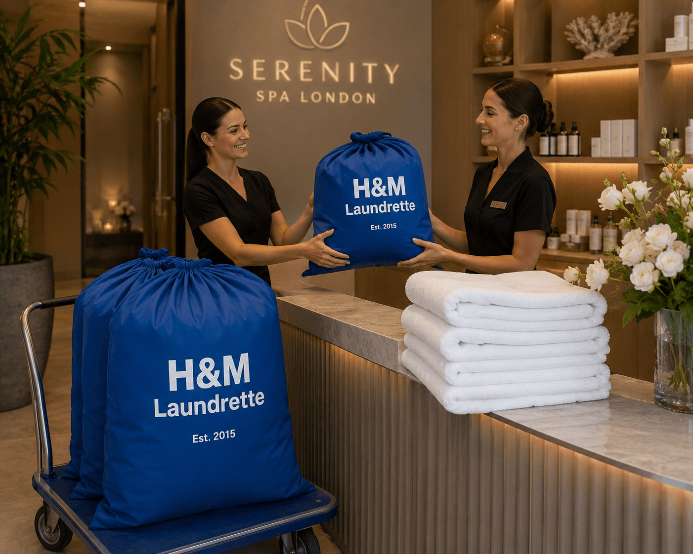 H&M Laundrette handing branded laundry bags to Serenity Spa London staff — spa towel collection and delivery
