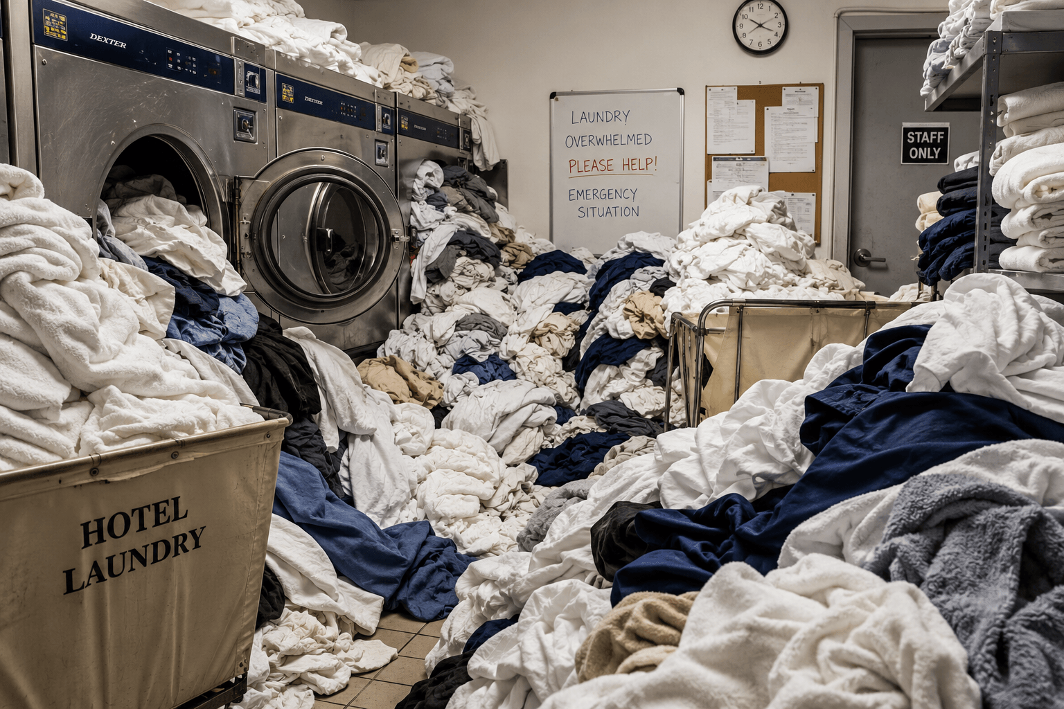 Overwhelmed hotel laundry room with piles of linen and an emergency help sign